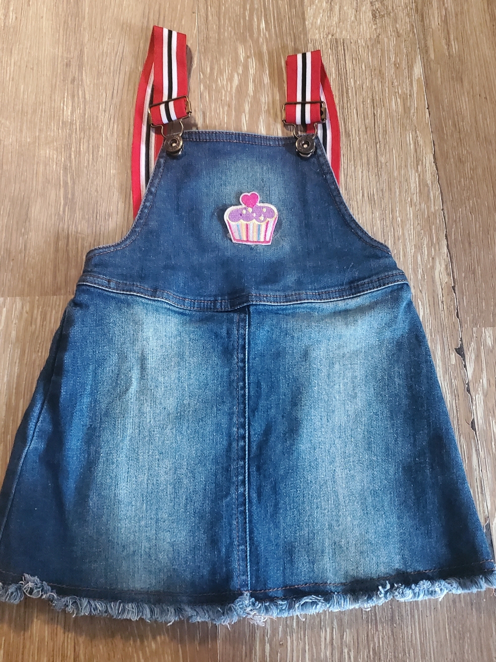 Girls Chief Denim Overall Dress with Pink Cupcake Patch and Red Straps
